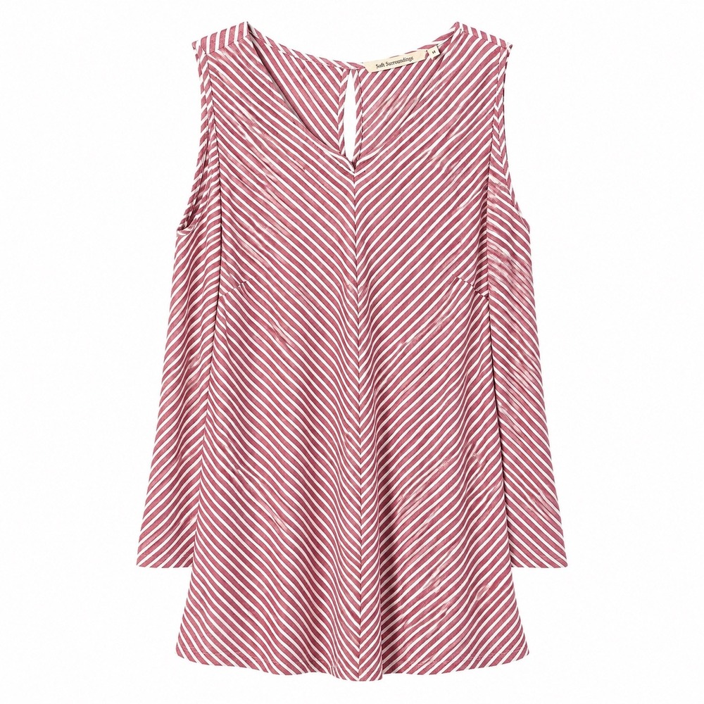 Soft Surroundings Red White Striped Cold Shoulder Linen Blend Tunic Top M 2FA29